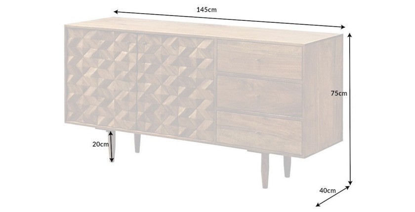 Buffet ARAVIS 145 cm – Bois massif acacia clair sculpté – 2 portes et 3 tiroirs