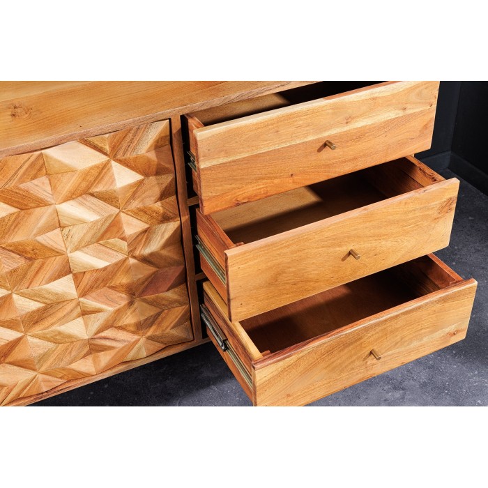 Buffet ARAVIS 145 cm – Bois massif acacia clair sculpté – 2 portes et 3 tiroirs