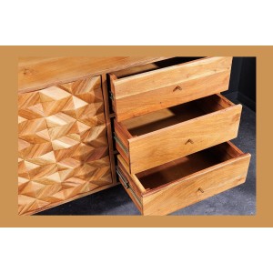 Buffet ARAVIS 145 cm – Bois massif acacia clair sculpté – 2 portes et 3 tiroirs