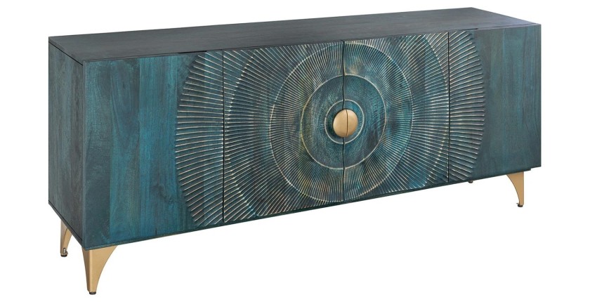 Buffet SOLARIS 180 cm en bois massif sculpté bleu et doré – 4 portes