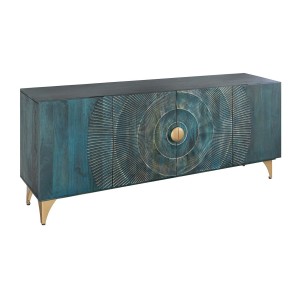 Buffet SOLARIS 180 cm en bois massif sculpté bleu et doré – 4 portes