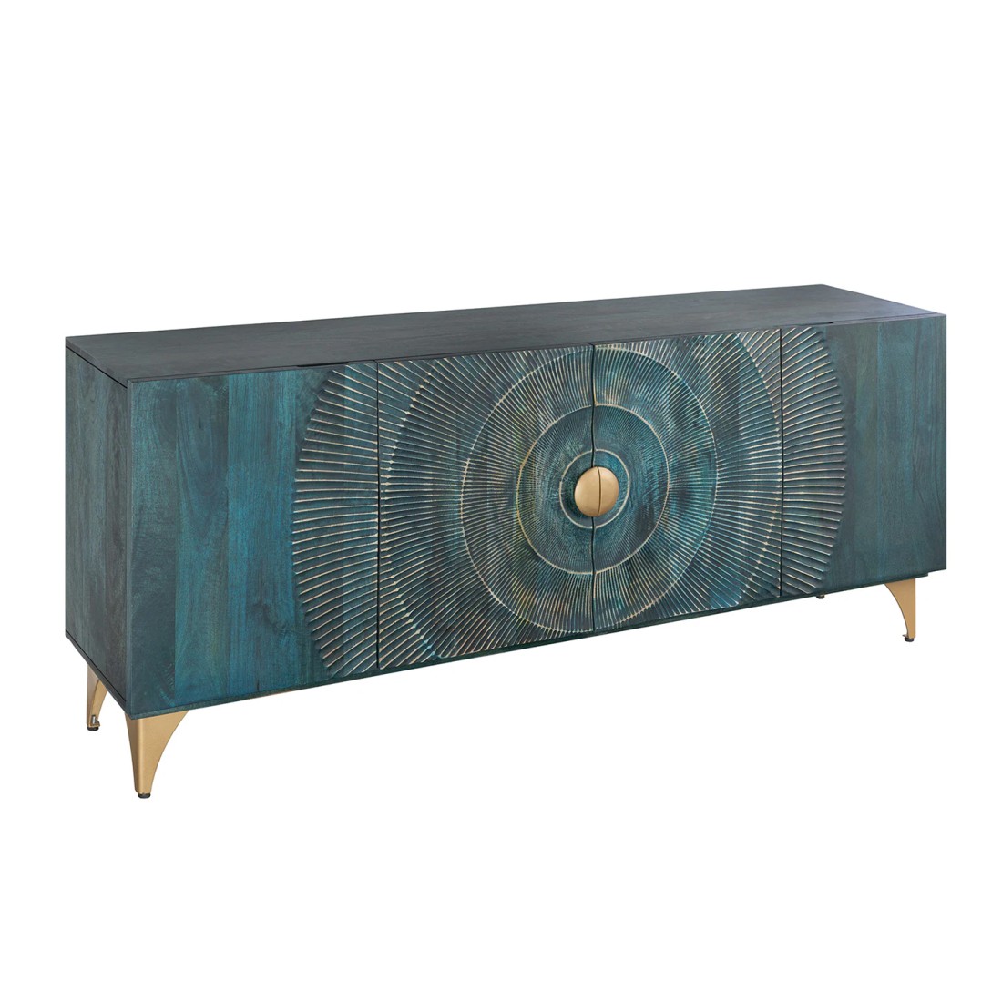 Buffet SOLARIS 180 cm en bois massif sculpté bleu et doré – 4 portes