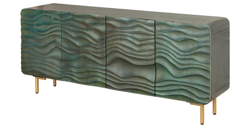 Buffet ONDARA 160 cm – Bois Massif Vert Sculpté – Pieds Dorés – Design Contemporain