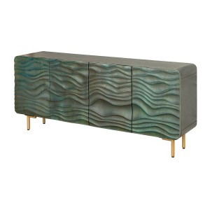 Buffet ONDARA 160 cm – Bois Massif Vert Sculpté – Pieds Dorés – Design Contemporain