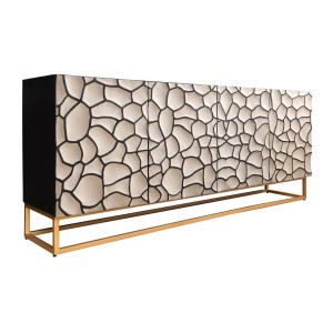 Buffet TERRAKAN 180 cm – Bois massif noir et blanc sculpté avec pieds dorés