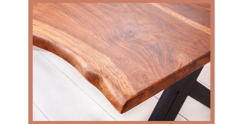 Table de salle à manger ORKAN – Bois massif de sheesham verni et métal – Pied en X – 200 cm