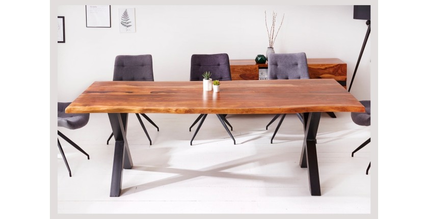 Table de salle à manger ORKAN – Bois massif de sheesham verni et métal – Pied en X – 200 cm