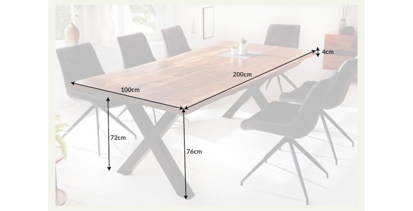 Table de salle à manger ORKAN – Bois massif de sheesham verni et métal – Pied en X – 200 cm