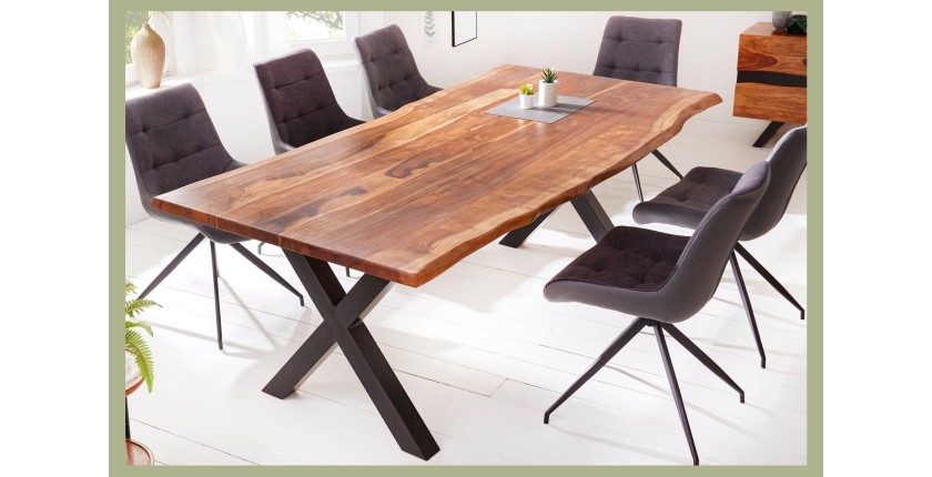Table de salle à manger ORKAN – Bois massif de sheesham verni et métal – Pied en X – 200 cm