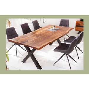 Table de salle à manger ORKAN – Bois massif de sheesham verni et métal – Pied en X – 200 cm