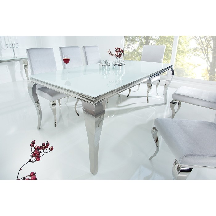 Table de salle à manger VELENA – Acier argenté et verre opale – 200 cm – Style baroque moderne