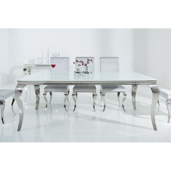 Table de salle à manger VELENA – Acier argenté et verre opale – 200 cm – Style baroque moderne