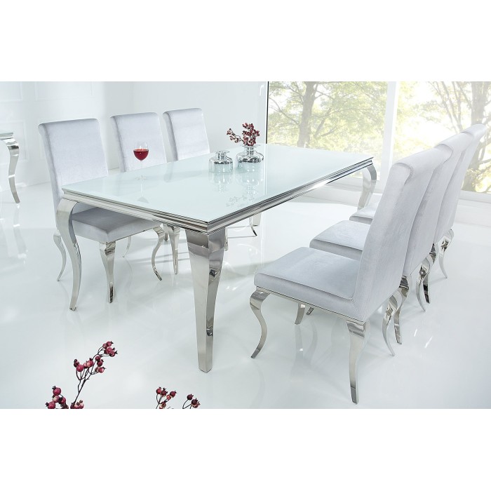 Table de salle à manger VELENA – Acier argenté et verre opale – 200 cm – Style baroque moderne