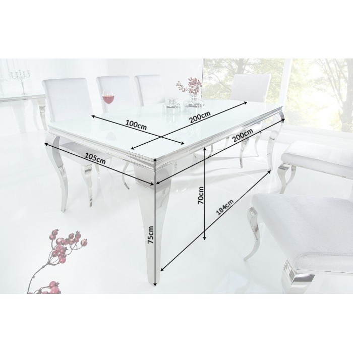 Table de salle à manger VELENA – Acier argenté et verre opale – 200 cm – Style baroque moderne