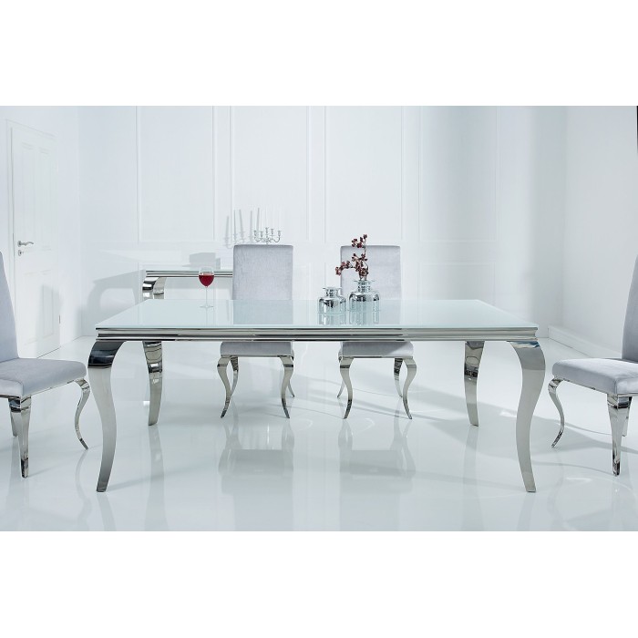 Table de salle à manger VELENA – Acier argenté et verre opale – 180 cm – Style baroque moderne