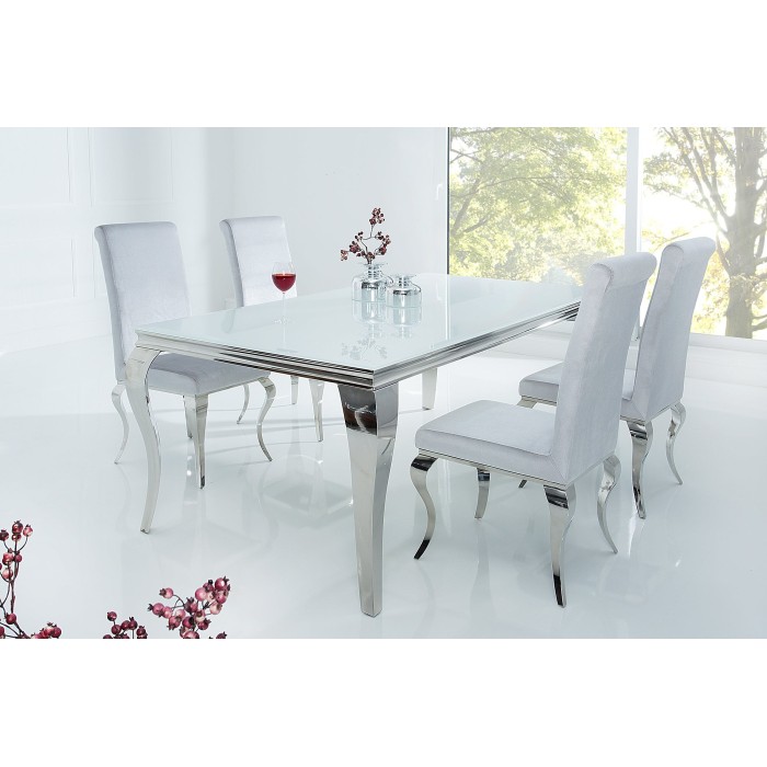 Table de salle à manger VELENA – Acier argenté et verre opale – 180 cm – Style baroque moderne