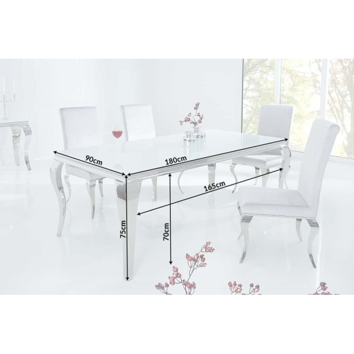 Table de salle à manger VELENA – Acier argenté et verre opale – 180 cm – Style baroque moderne