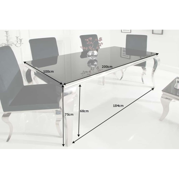 Table de salle à manger VELENA – Acier poli et verre noir – 200 cm – Style baroque moderne
