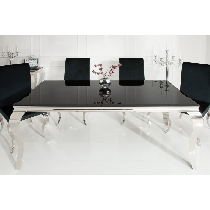 Table de salle à manger VELENA – Acier poli et verre noir – 200 cm – Style baroque moderne