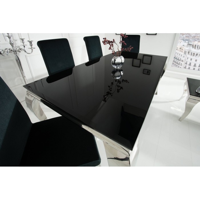 Table de salle à manger VELENA – Acier poli et verre noir – 200 cm – Style baroque moderne