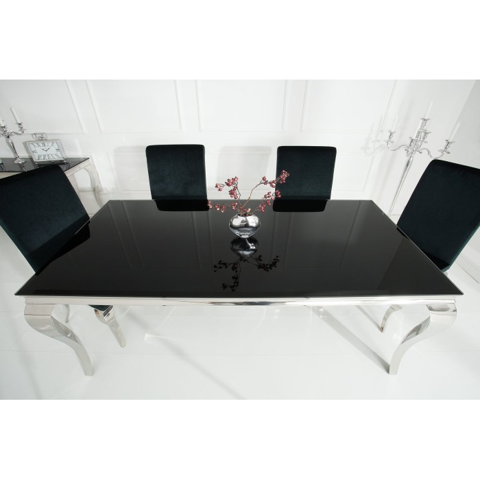 Table de salle à manger VELENA – Acier poli et verre noir – 200 cm – Style baroque moderne