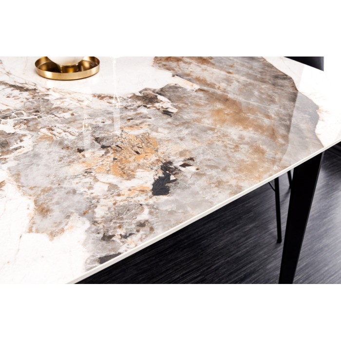 Table de salle à manger HEXA – Céramique aspect pierre et métal noir – 180 cm – Style contemporain