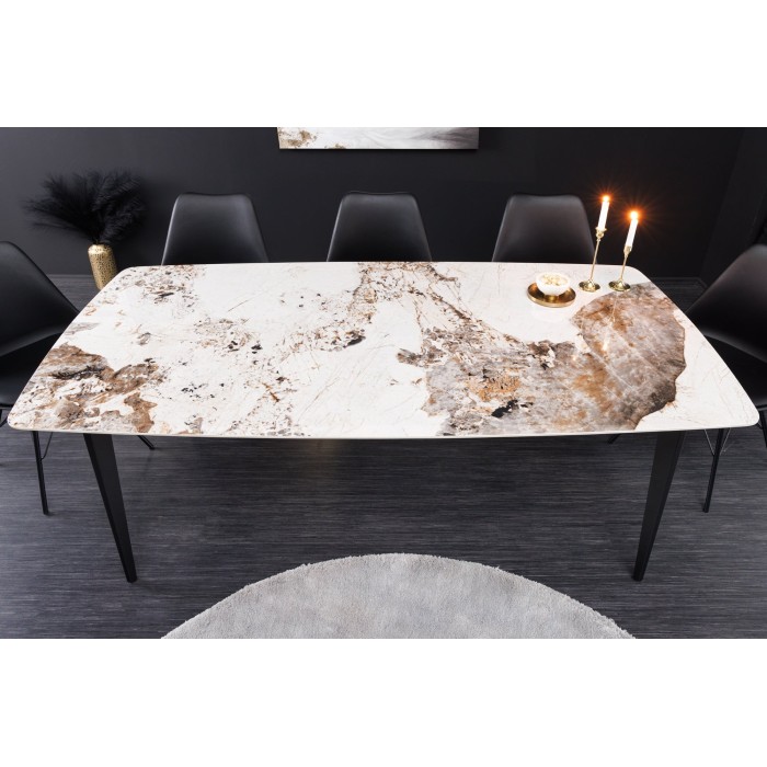 Table de salle à manger HEXA – Céramique aspect pierre et métal noir – 180 cm – Style contemporain