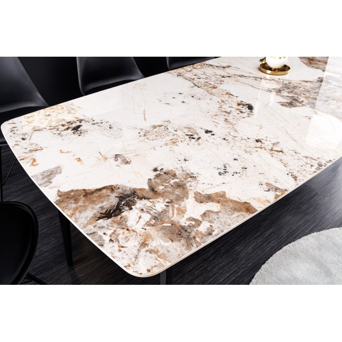 Table de salle à manger HEXA – Céramique aspect pierre et métal noir – 180 cm – Style contemporain