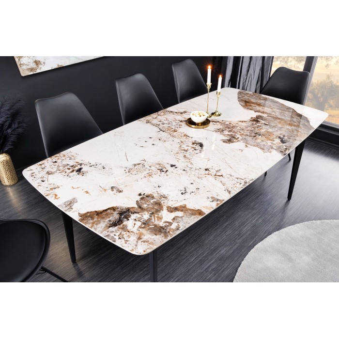 Table de salle à manger HEXA – Céramique aspect pierre et métal noir – 160 cm – Style contemporain