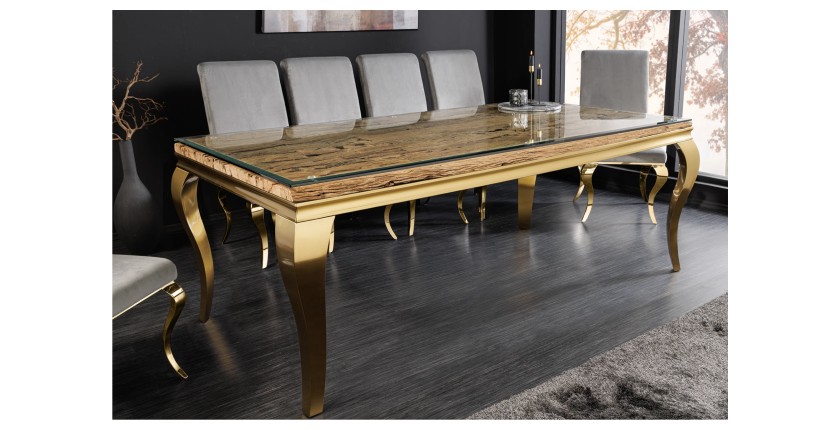 Table VELENA avec plateau bois et pieds dorés décor 3D