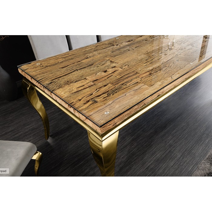 Table VELENA avec plateau bois et pieds dorés vu de haut