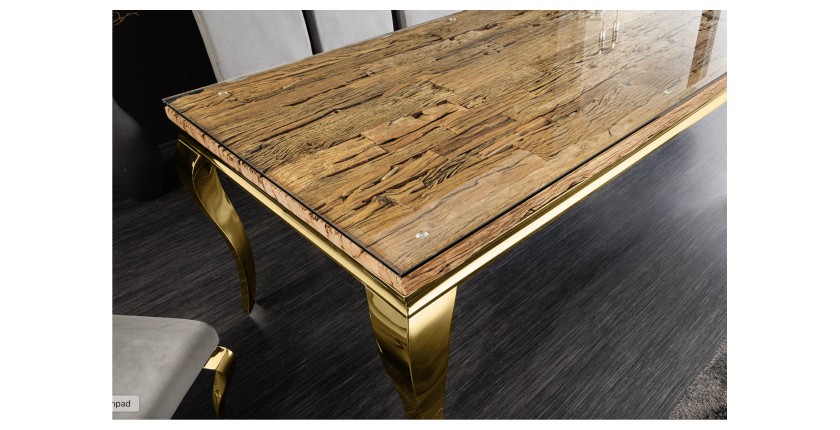 Table VELENA avec plateau bois et pieds dorés vu de haut