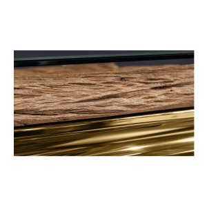 Zoom sur le côté du plateau de la table VELENA avec plateau bois et pieds dorés