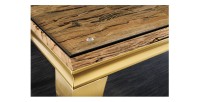 Zoom sur le plateau de la table VELENA avec plateau bois et pieds dorés