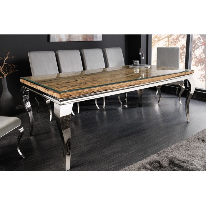 Tavolo da pranzo VELENA – Rettangolare 200 cm – Legno di teak, vetro e acciaio argentato – Stile barocco chic