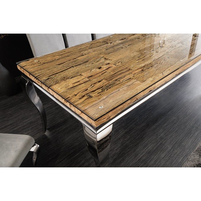 Tavolo da pranzo VELENA – Rettangolare 200 cm – Legno di teak, vetro e acciaio argentato – Stile barocco chic