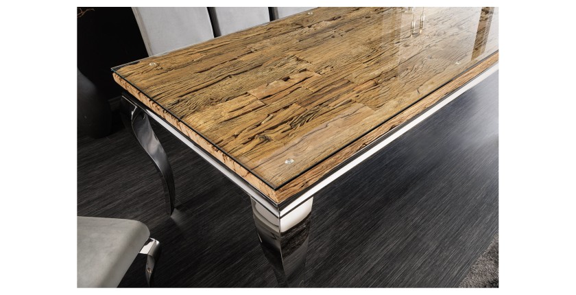 Table VELENA avec plateau en bois et pieds argentés vu de haut