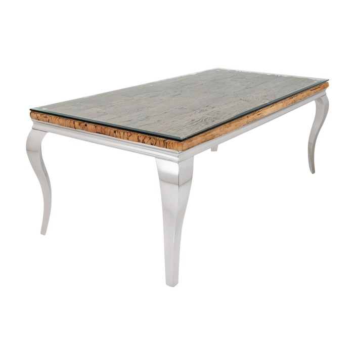 Tavolo da pranzo VELENA – Rettangolare 200 cm – Legno di teak, vetro e acciaio argentato – Stile barocco chic