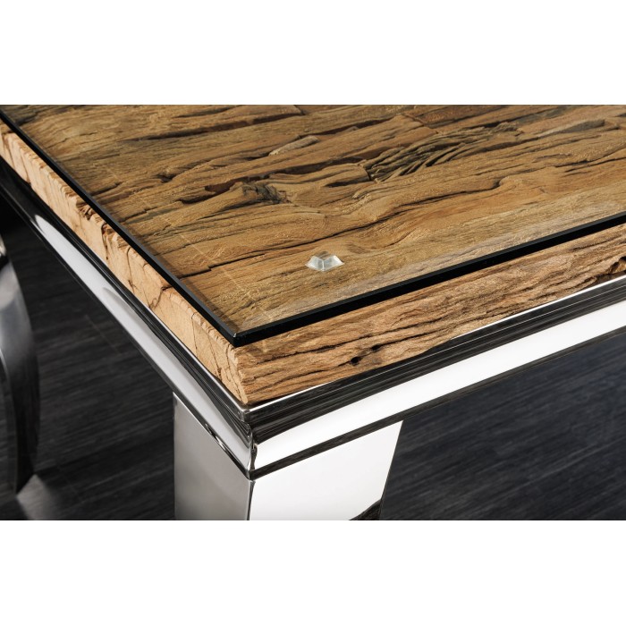 Tavolo da pranzo VELENA – Rettangolare 200 cm – Legno di teak, vetro e acciaio argentato – Stile barocco chic