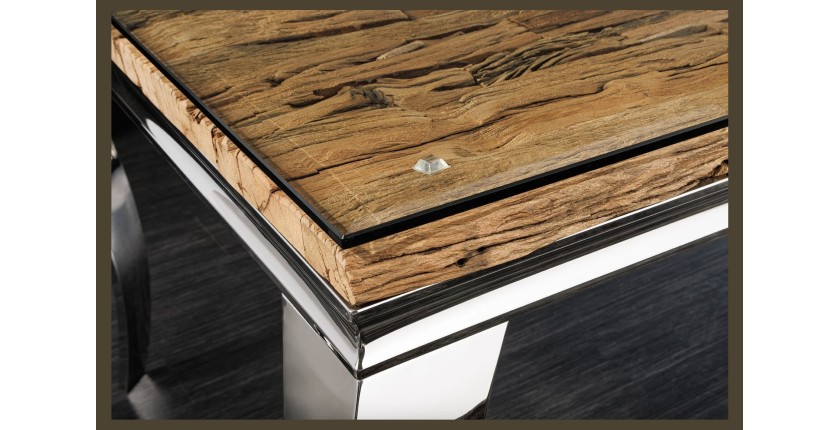 Table de salle à manger VELENA – Rectangulaire 200 cm – Bois de teck, verre et acier argenté – Style baroque chic