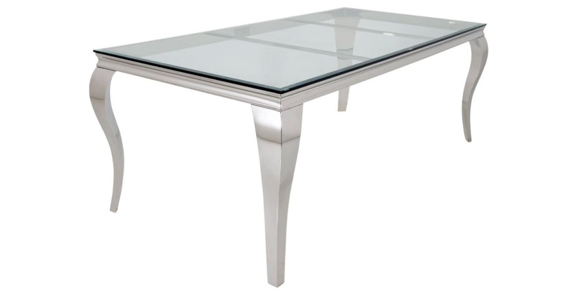 Table de salle à manger VELENA – Rectangulaire 200 cm – Verre trempé et acier argenté – Style baroque chic
