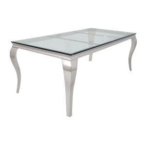 Table de salle à manger VELENA – Rectangulaire 200 cm – Verre trempé et acier argenté – Style baroque chic
