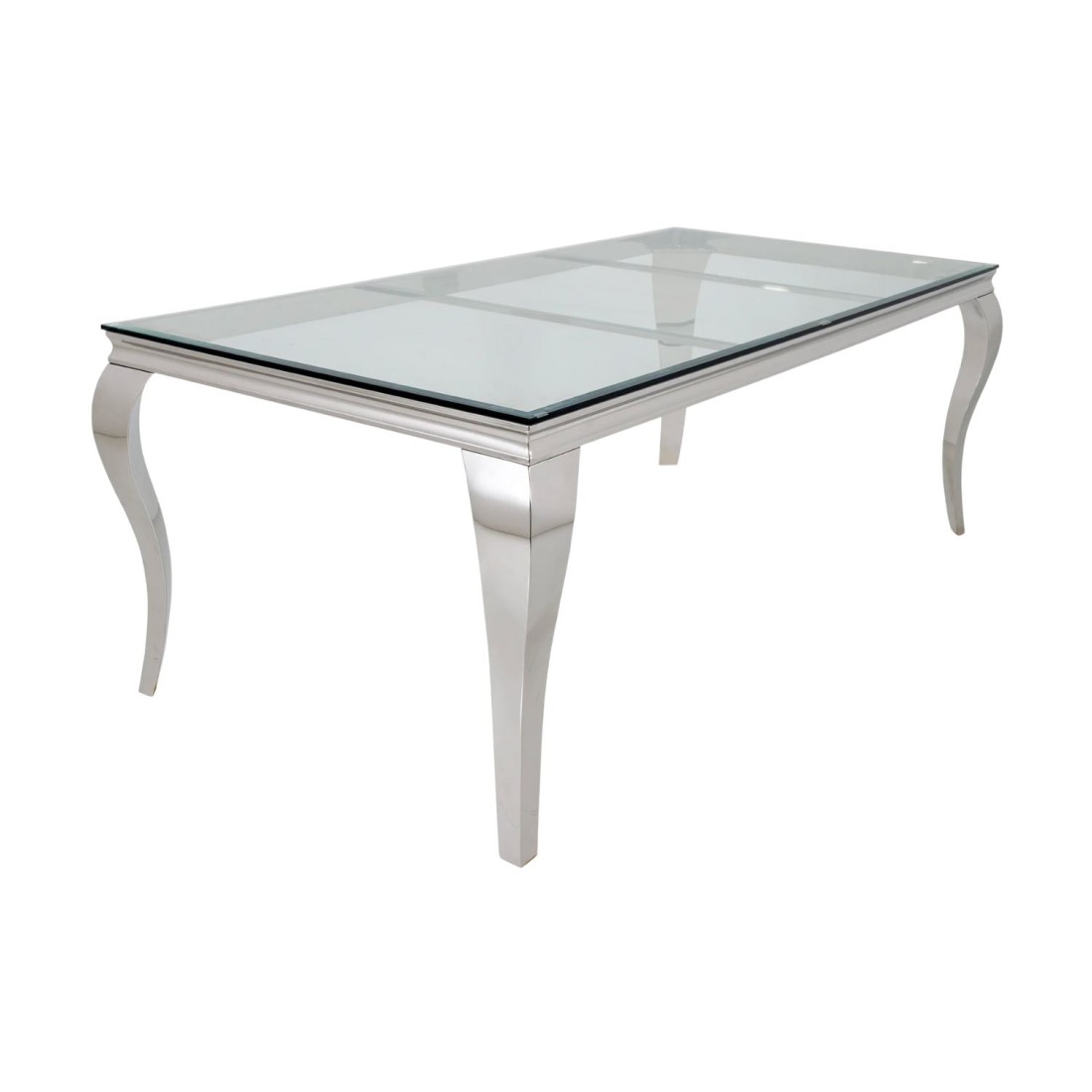 Table de salle à manger VELENA – Rectangulaire 200 cm – Verre trempé et acier argenté – Style baroque chic