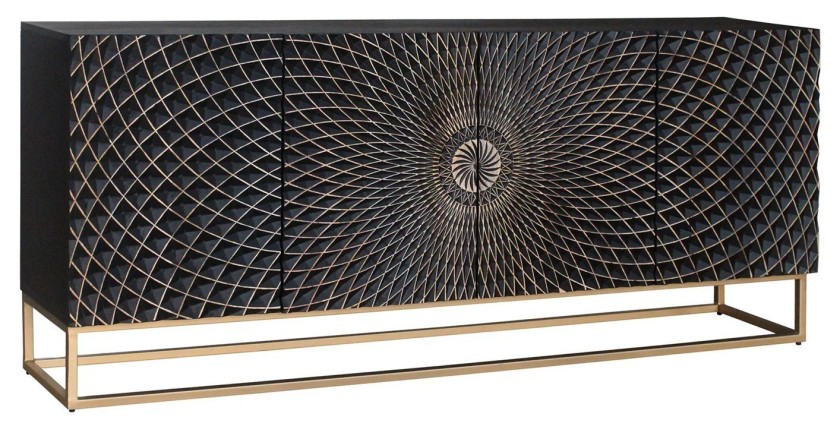 Buffet KOSMOS 180 cm – Bois massif noir sculpté 3D – Pieds métal doré