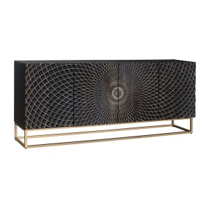 Buffet KOSMOS 180 cm – Bois massif noir sculpté 3D – Pieds métal doré