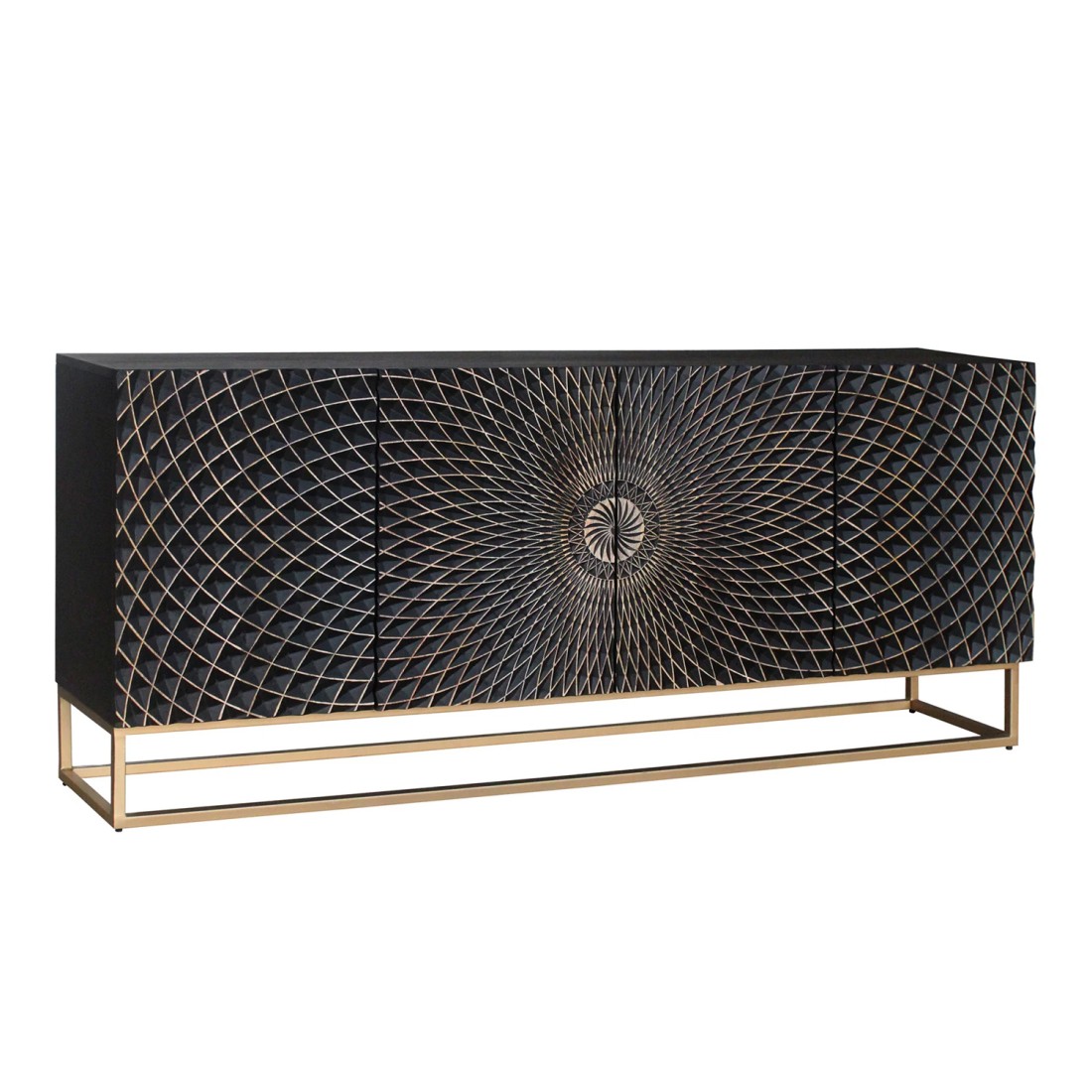 Buffet KOSMOS 180 cm – Bois massif noir sculpté 3D – Pieds métal doré