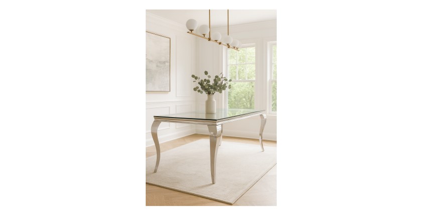 Table de salle à manger VELENA – Rectangulaire 200 cm – Verre trempé et acier argenté – Style baroque chic
