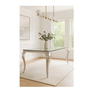 Table de salle à manger VELENA – Rectangulaire 200 cm – Verre trempé et acier argenté – Style baroque chic