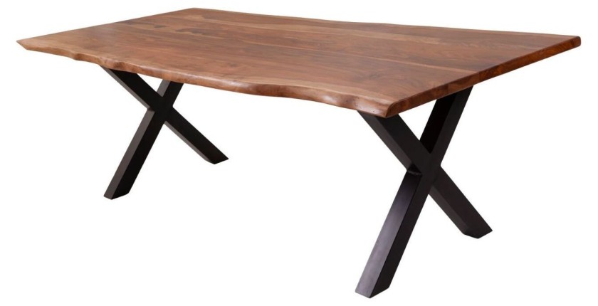 Table de salle à manger ORKAN – Bois massif de sheesham verni et métal – Pied en X – 200 cm