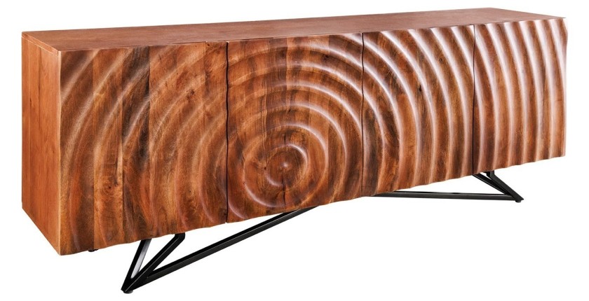 Buffet ONDARA 180 cm – Bois massif sculpté 3D et métal noir – 4 portes